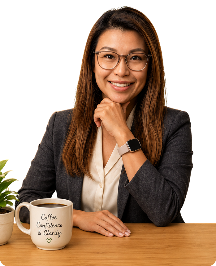 Melinda Ng seated at a desk with a coffee cup