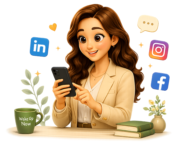 Melinda holding a phone with social media icons
